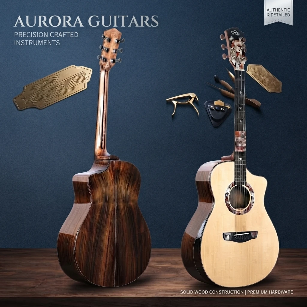 Gloss Finish GA Cutaway All Solid 6 String Acoustic Folk Guitar, Colorful Inlay, Chrome Tuners for Stage Performance Musicians