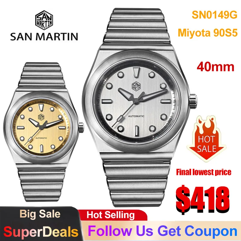 San Martin SN0149 Mechanical Watch Stainless Steel Brushed Dial Miyota 90S5 Automatic Movement Sapphire BGW9 Luminous Mens Watch