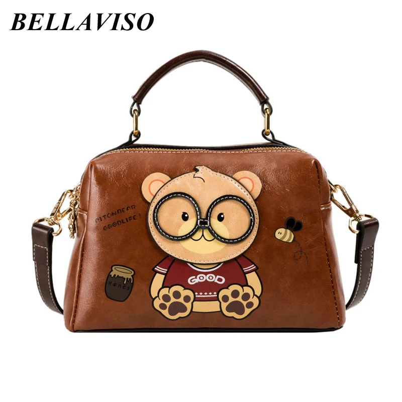 

BellaViso Delicate Brown Women's PU Leather Crossbody Bag Female's Trendy Portable Cartoon Bear Patchwork Shoulder Bags BLCR-17