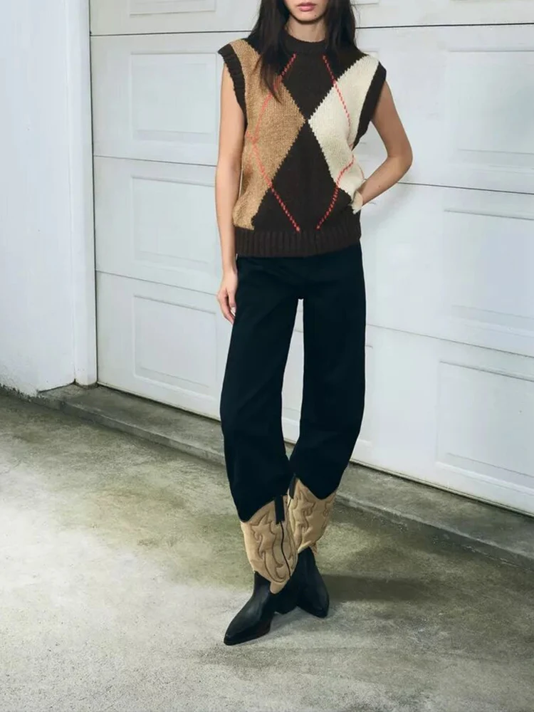 

European style new women's fashion all-match temperament diamond pattern sleeveless knitted vest vest top