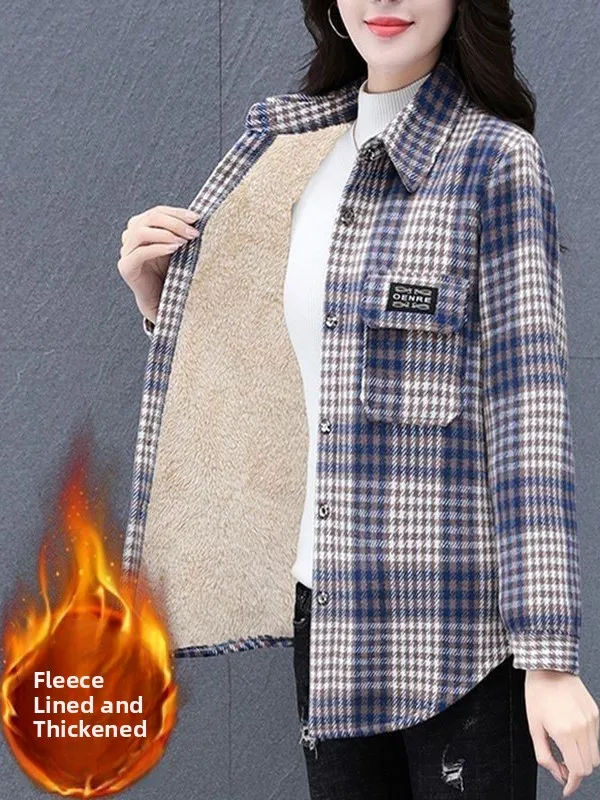 

Thickened Fleece Plaid Jacket for Middle-Aged Women Autumn Winter New Style Loose One-Piece Velvet Top Korean Style Commute