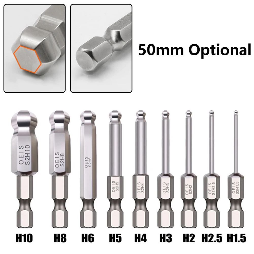 Broca de destornillador hexagonal de extremo de bola de 50mm, broca de controlador magnético largo de galvanoplastia H1.5, H2.5, H3, H4, H5, H6, H8,