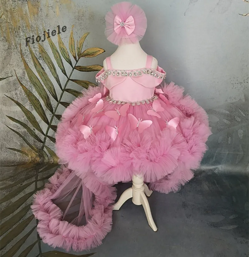 Pink Crystal Girl Dress Baby Dress With Train Flower Girl Dress Bow Cute Kid's Child Birthday Dresses Frist Communion Princess