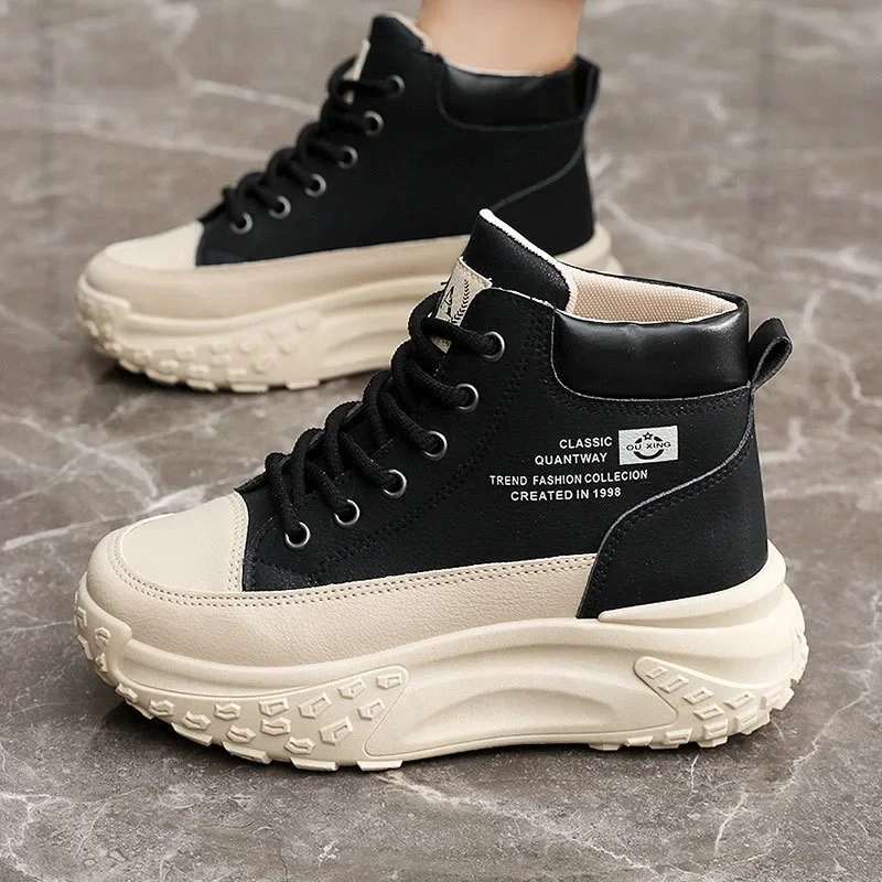 

Women's High Top Sneakers Luxury Leather Casual Shoe Designer Platform Shoes for Women Lace Up Vulcanized Shoes Zapatos De Mujer