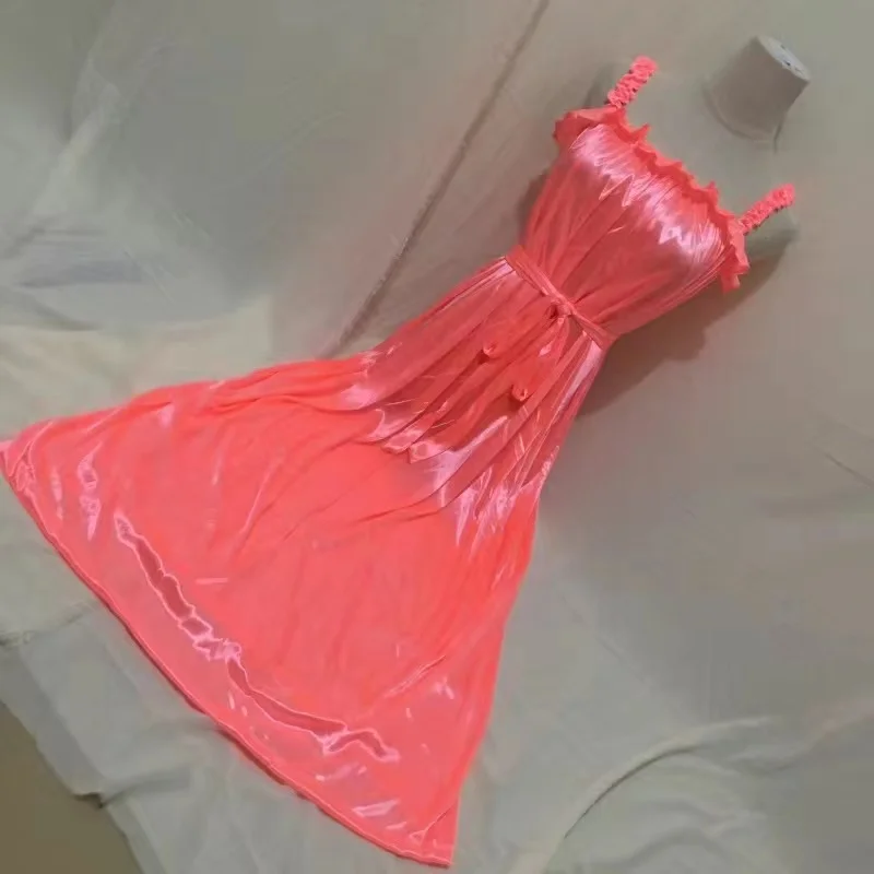 

Men Sexy Silky Glossy Suspender Long Dress Women Satin Sleeveless Dress Ruffles Loose Night Dress Plus Size Sleeping Robe