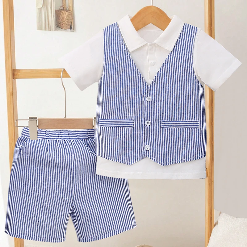 

1 комплект детской одежды: шорты и футболка с коротким рукавом, синие полоски, с воротником, для улицы и дома, весна-лето