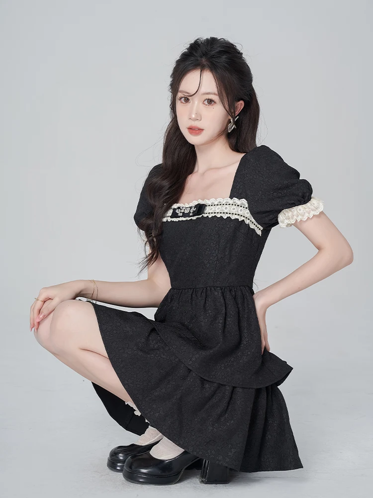 

Dress Black Retro Jacquard French Style Women's Stitching Square Collar Lace Spring Summer Short Sleeve Slimming A- line Skirt