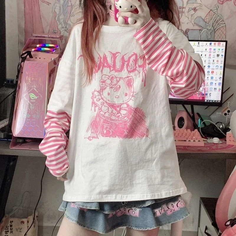 Sanrio Hello Kitty T Shirt Women Spring Autumn Fake Two Striped Long Sleeve T-shirt Y2k Harajuku Print Clothes Loose Student Top