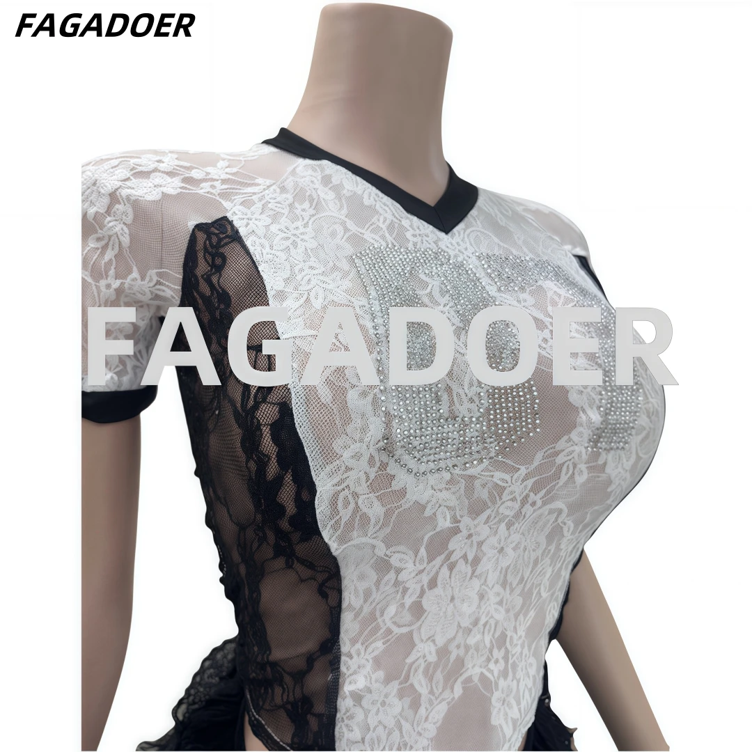 FAGADOER Sexy Lace Women 2 Piece Set Outfit See Through Mesh Patchwork Crop Top and Pleated Skirt Suits Hot Girl Streetwear New