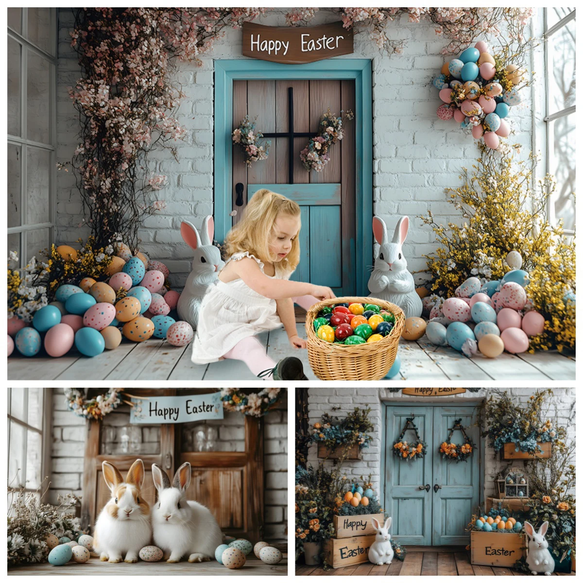 

Happy Easter Backdrop Photography Interior Brick Wall Wooden Door Flower Rabbit Eggs Kids Party Decor Baby Portrait Background