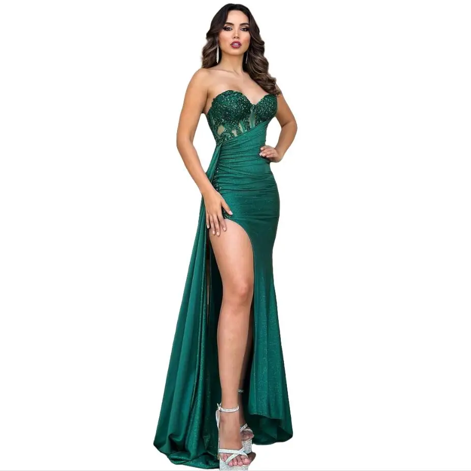 

Shiny Slit Evening Dress Women Sweetheart Corset Maxi Gown Lace Sequined vestido de novia Sexy Party Gowns Customized