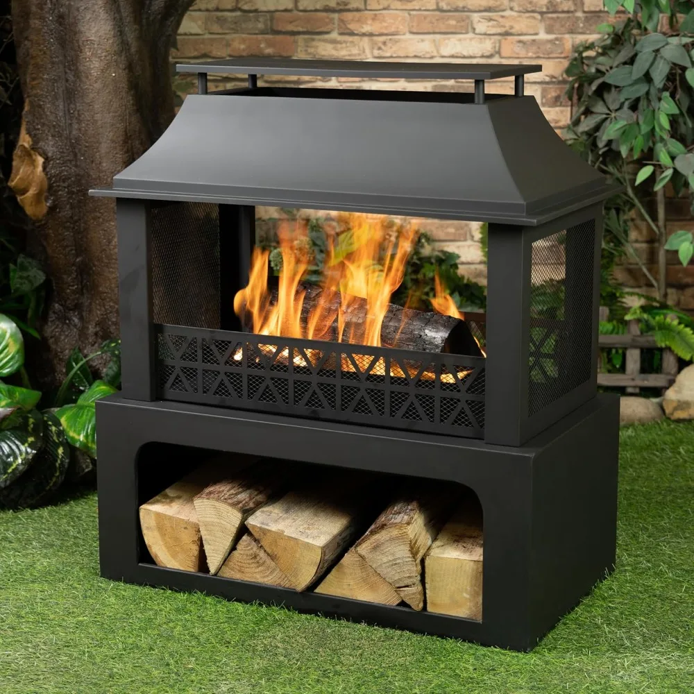 

36" Rectangular Steel Outdoor Wood Burning Fireplace - Outdoor Fireplace with Adjustable Cooking Grill & Log Storage Compartment