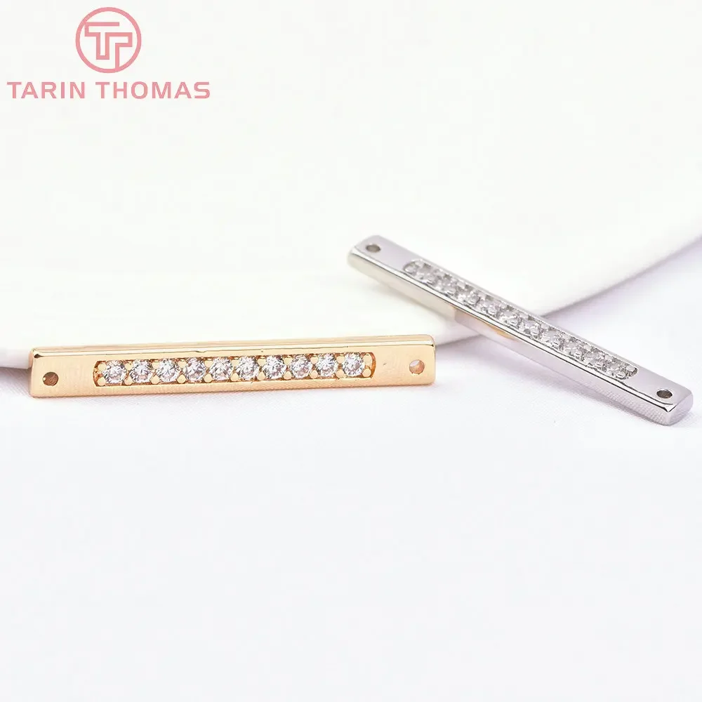 (7559) 4PCS 4x32MM 24K Gold Color Brass with Zircon Long Strip Charms Pendants High Quality Jewelry Making Findings Accessories