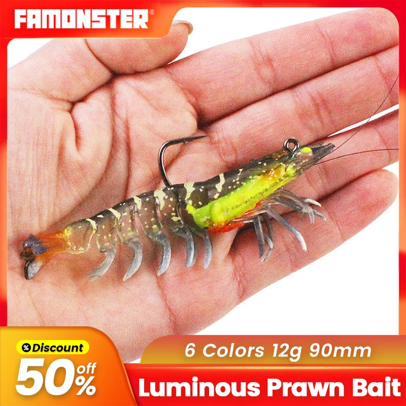 

FAMONSTER Fishing Prawn Soft Luminous Artificial Prawn Baits Hard Hook Jigs Lure Swimbait Wobbler Spinning Tackle