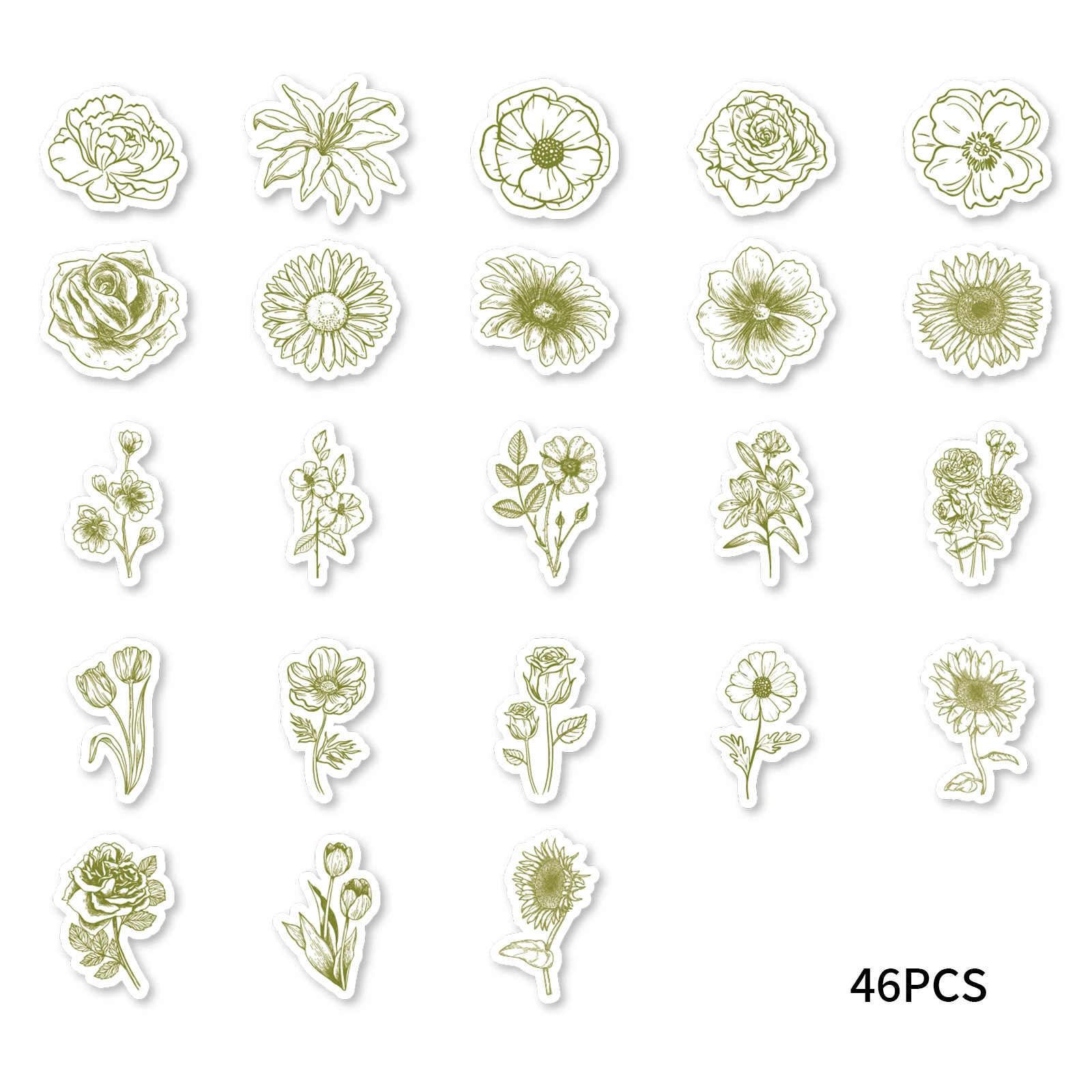 46pcs White Flower Graffiti Decal Decorated Notebook Water Cup Suitcase Guitar Classic Toy Scrapbook Waterproof PVC Decals