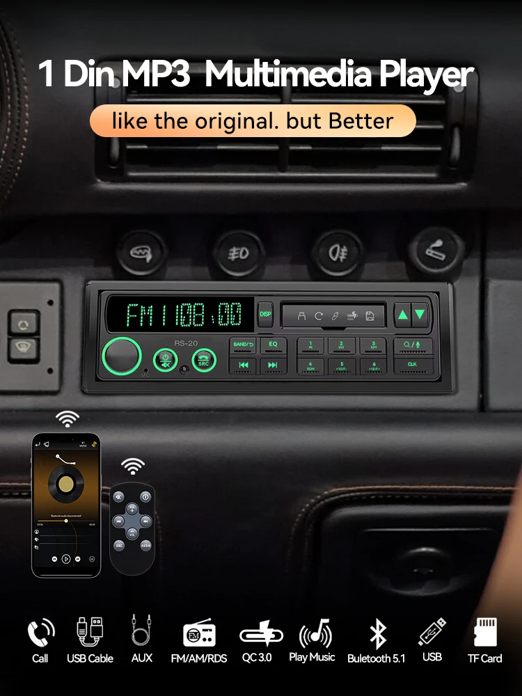 1DIN Retro Autoradio MP3 Speler Stereo FM AM RDS DAB Ontvanger QC3.0 Bluetooth Voor Porsche VW Mercedes Benz BMW Land Rover Audi - afbeelding 2