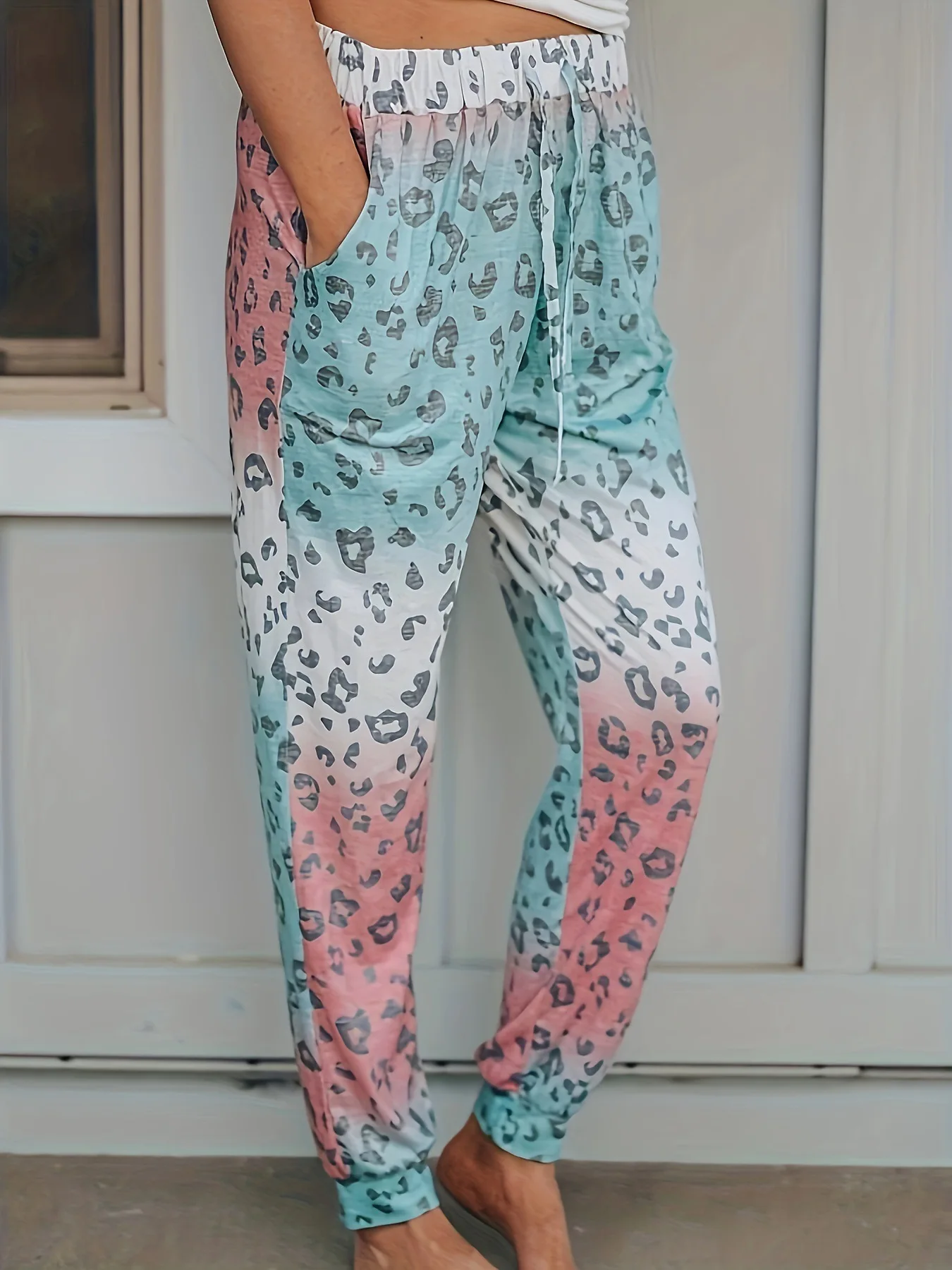 Women's Gradient Leopard Print Jogger Pants Elastic Waist Drawstring Casual Trousers with Pockets Daily Lounge Pants