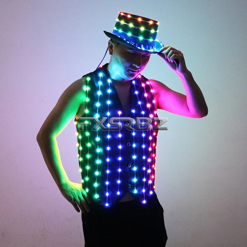 Full Color LED Vest And Hat Fashion Senior Host Glowing Costume Suit DJ Singer Dancer Performer Stage Luminous Jacket