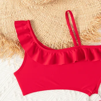 Girls' One-Shoulder Ruffle Bikini | Solid-Color Swimwear 3 Bikini Girls Kids Swimsuits One Shoulder Ruffles Swimwear Solid Color Backless Bathing Suit 3