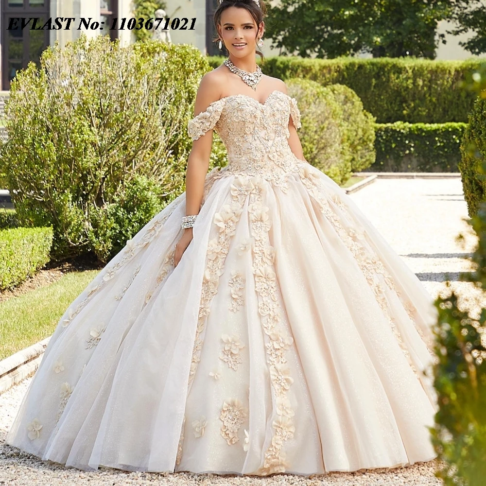 EVLAST Shiny 2024 Champagne Quinnceanera Dress Ball Gown Lace Applique Beaded Crystal Corset Sweet 16 Vestidos De 15 Anos SQ596