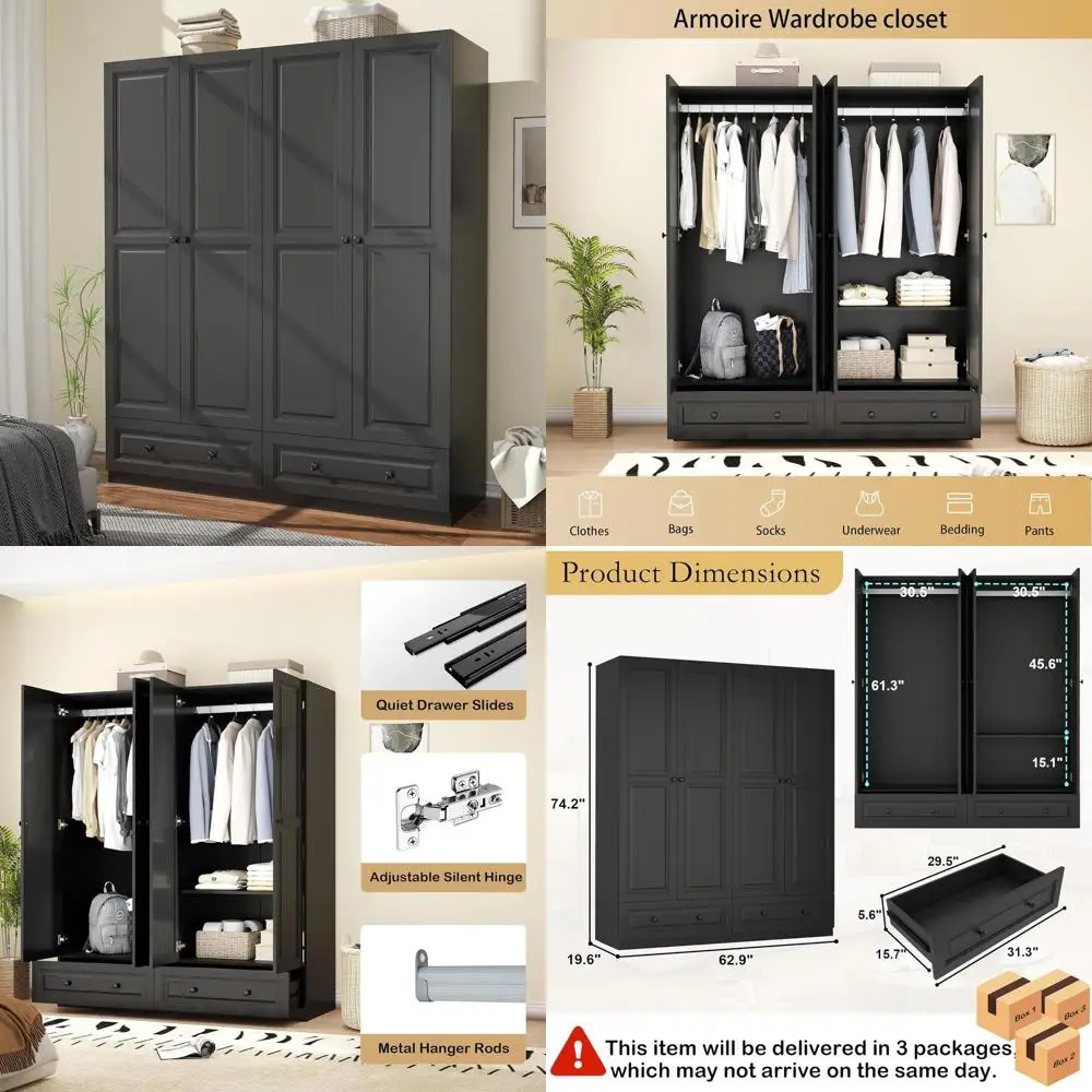 

63 Black Wooden Armoire with Hanging Rod, 4 Doors and 2 Drawers for Bedroom Clothing Storage