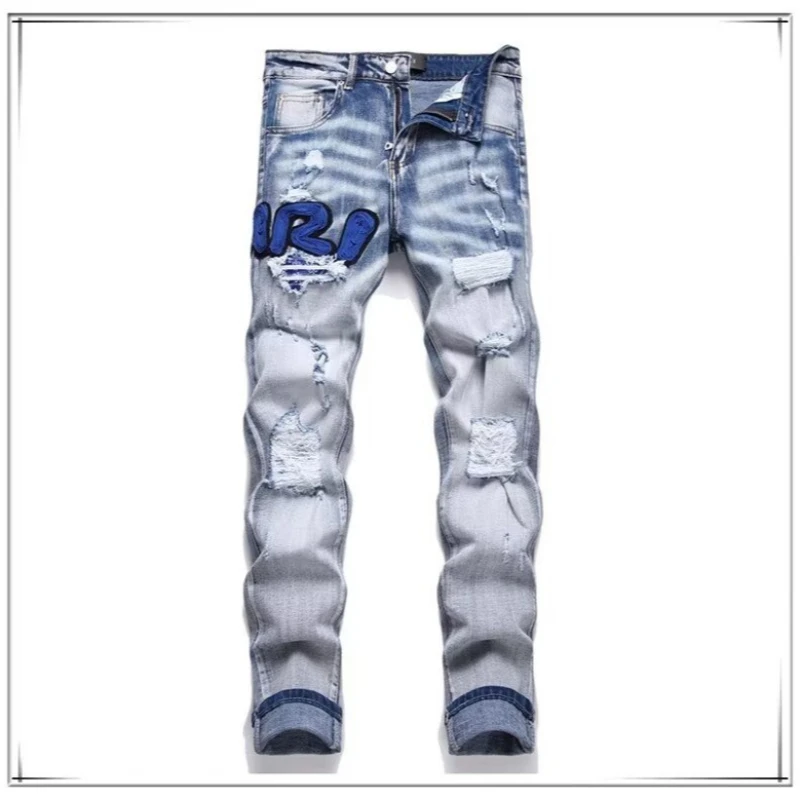 

Men Stretch Skinny Vintage Ripped Hole Washed Denim New Pencil Jeans Male Slim Jeggings High Waist Pencil Pants Trousers