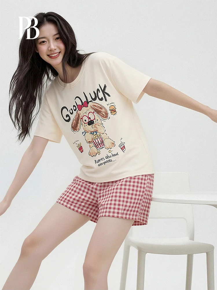 PinkBread Summer Thin round Neck Short Sleeve Pink Plaid Cool Feeling Home Clothes Women's Sleepwear Cotton Loose Fit Home Scene