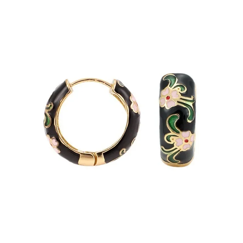 

European.American retro enamel colored ear buckle drop glaze fashionable design sense black oil drop orchid geometric earrings