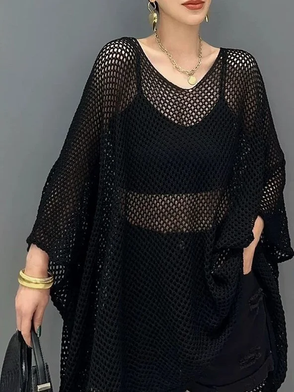 

Sun Protection Knitted Top Hollow Design Casual V-neck Nine Sleeve Cover up plus Size Mid-length Loose Fit Summer Outerwear