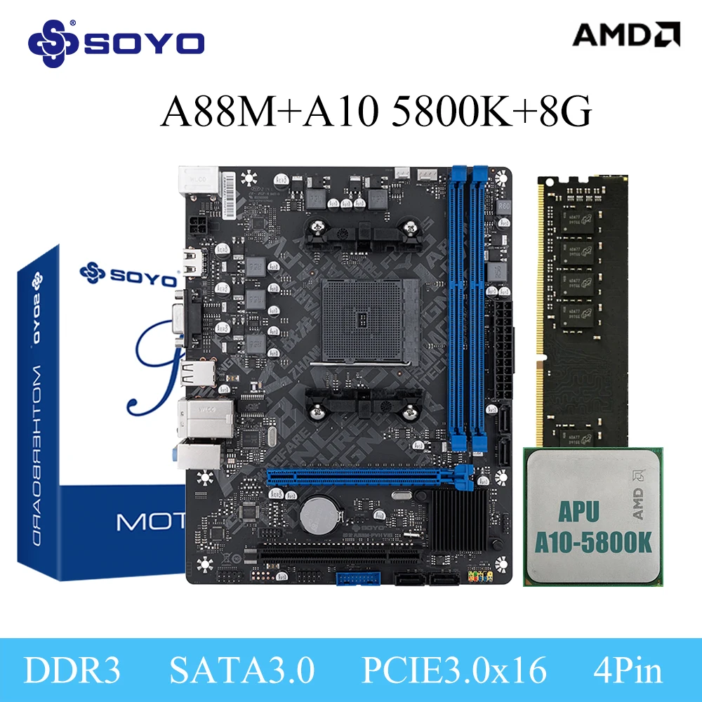 

Материнская плата A88M SOYO с процессором A10-5800K, комплект компьютерных компонентов, игровой набор материнских плат, поддержка DDR3 SATA3, процессор AMD FM2+/FM2