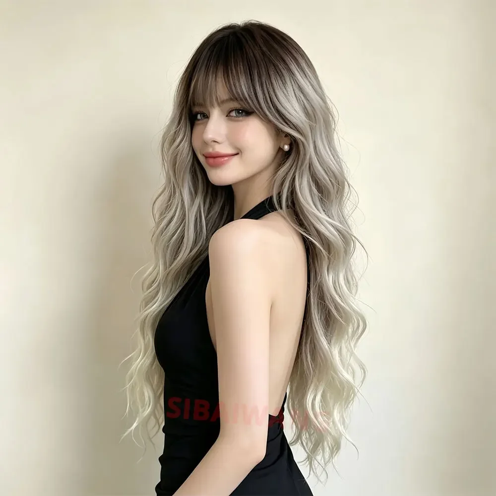 Long Curly Synthetic Wigs with Bangs Brown Blonde Ombre Natural Wig for Women Hair Heat Resistant Cosplay Wig Party Daily Use