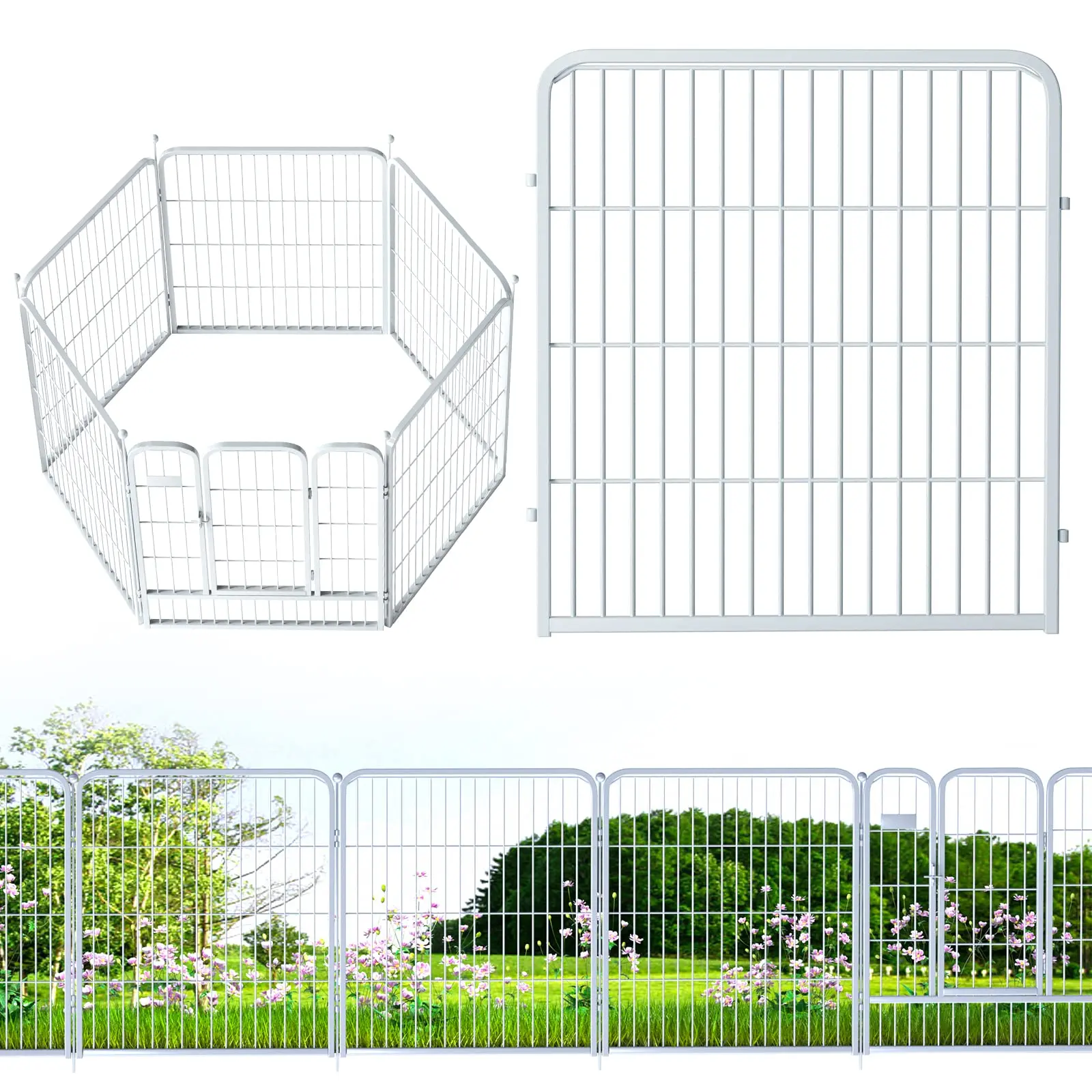 White Outdoor Garden Fence 5 Panels with 1 Gate,32in (H) x 14ft (L) for Dogs Outside,Metal Wire Fencing Border Animal