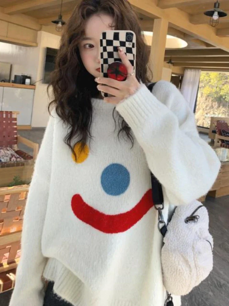 Korobov Chic Fashion Women Loose Mid-Length Knitted O Neck Smile Jacquard Sweater Streetwear Casual Pullovers Tops Mujer