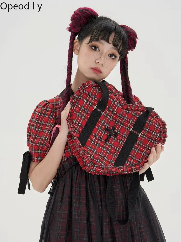 

JK Uniform Retro Women's Shoulder Bag Japanese Original Lolita Ancient Feeling Sweet and Cute Girl Red Plaid Handbag