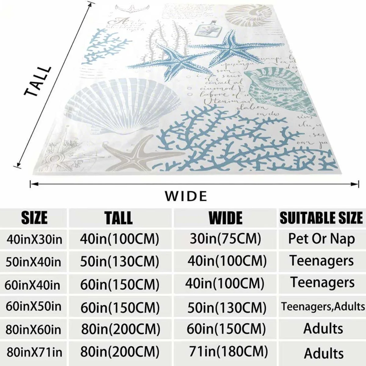 Soft Blue White Sea Star Shell Coral Pattern Flannel Throw Blanket Nautical Themed Cover for Couch Indoor Beach Room Decor