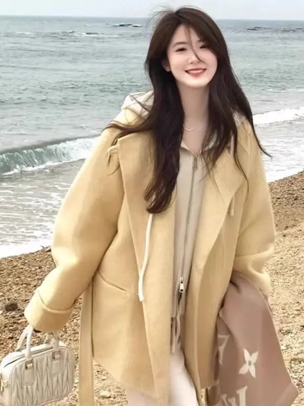 

Женское шерстяное пальто Laid-ba Sle ort: осенне-зимнее, элегантное, с поясом, из твида, для студенток