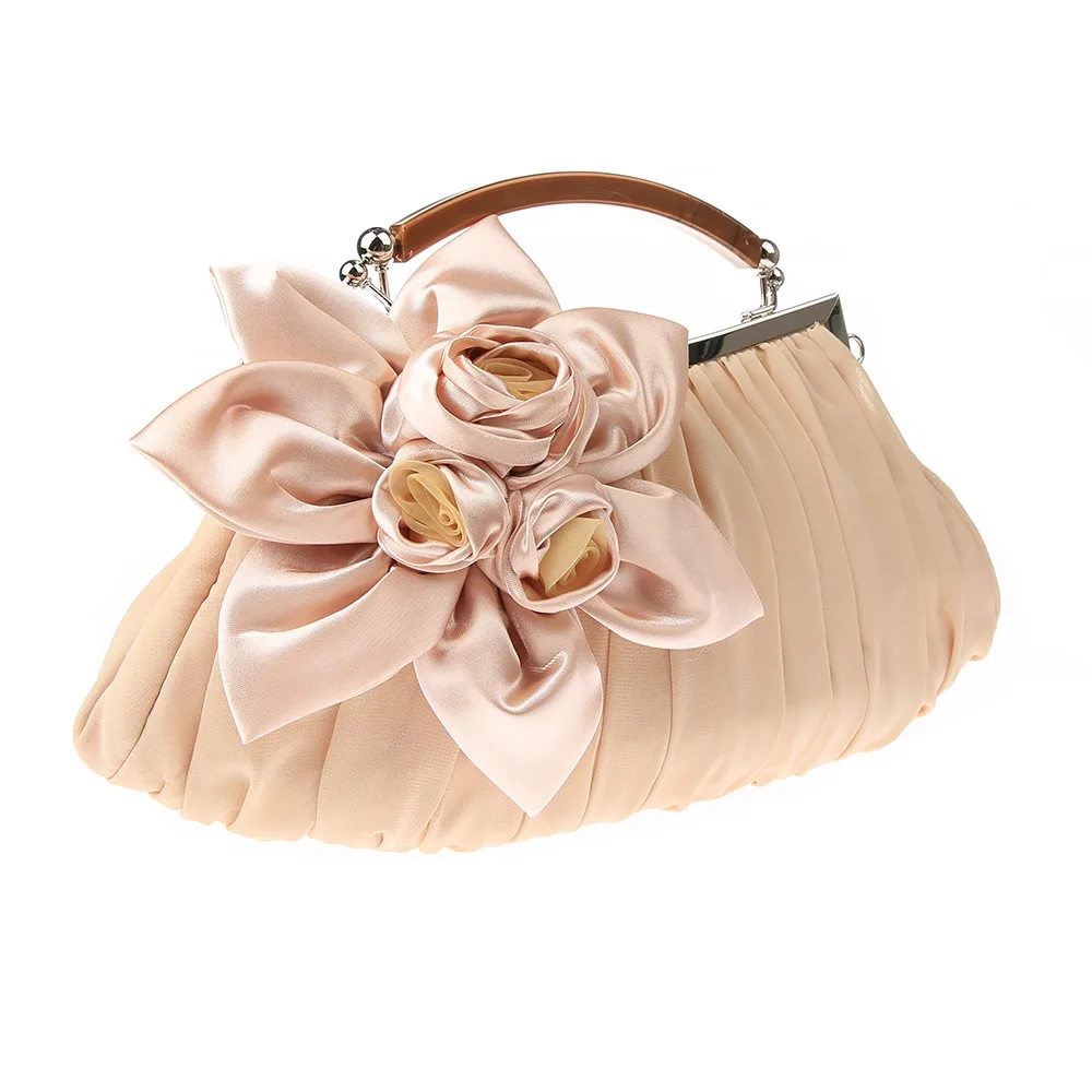 Women Rose Flower Evening Bag Ladies Floral Pink Handbag Bridal Wedding Party Purse Fashion Beatiful Small Day Clutch Chain