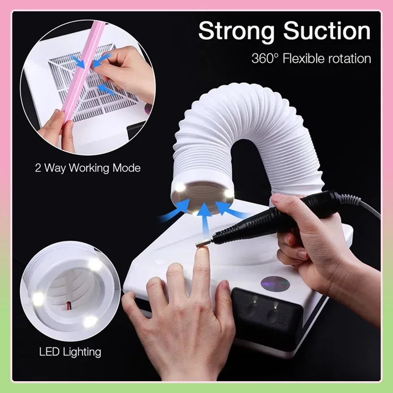 

60W Double Use Nail Dust Collector Retractable Elbow Design Nail Dust Extractor Fan Nail Vacuum Cleaner With Tube
