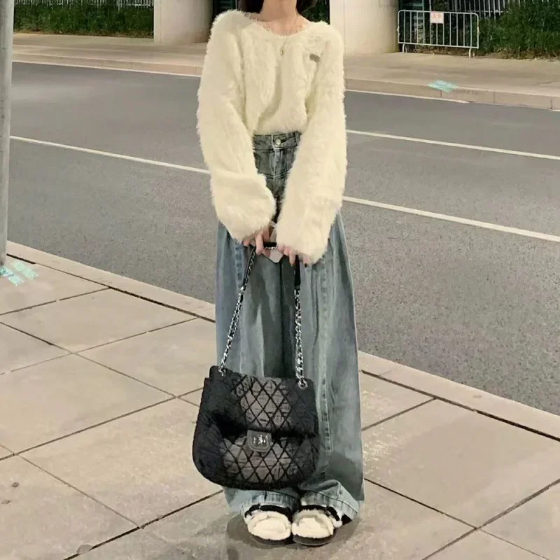 Vintage Blau Denim Breite Bein Hosen Frauen Koreanische Hohe Taille Lose Gerade Jeans Frau Herbst Winter Streetwear Hosen