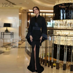 Santorini Black Evening Dresses Beaded Sash Buttons Side Slit Vestidos De Fiesta V Neck Long Sleeves Prom Party Gowns Customized
