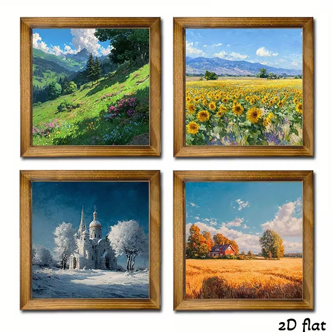 4 Pack Wooden Four Seasons Landscape Wall Decor Sunflower Wheat Church Print Nano Tape Drill Free Home Wall Ornament