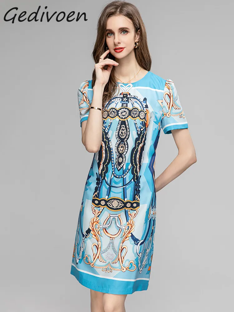 

Gedivoen Summer Fashion Designer Luxury Pattern Printed Dress Women's O Neck Diamond Sequins Loose Waist Casual Mini Short Dress