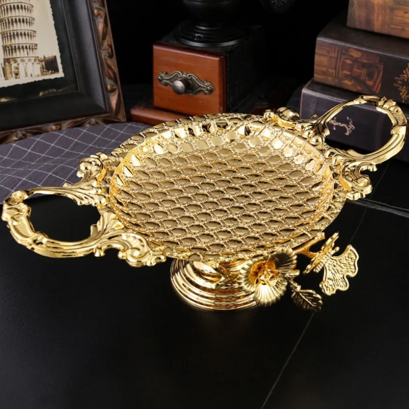 European Vintage Iron Art Metal Fruit Tray Gold round Serving Plate Home Living Room Decor Kitchen Storage Dish view 5
