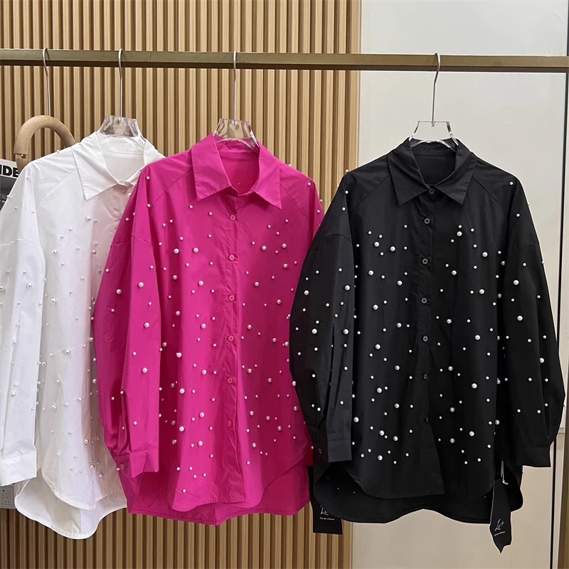 2024 Spring Autumn New Women\'s Fashion Commuter Solid Color Beading Polo Collar Flare Sleeves Casual Shirts Single-breasted Tops