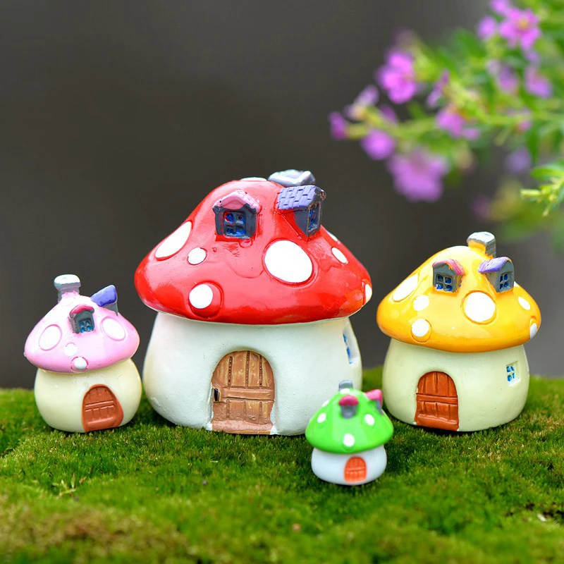 

1Pc Mushroom House Resin Fairy Garden Craft Decoration Miniature Micro Gnome Terrarium Mediterranean House Castle 4 Sizes