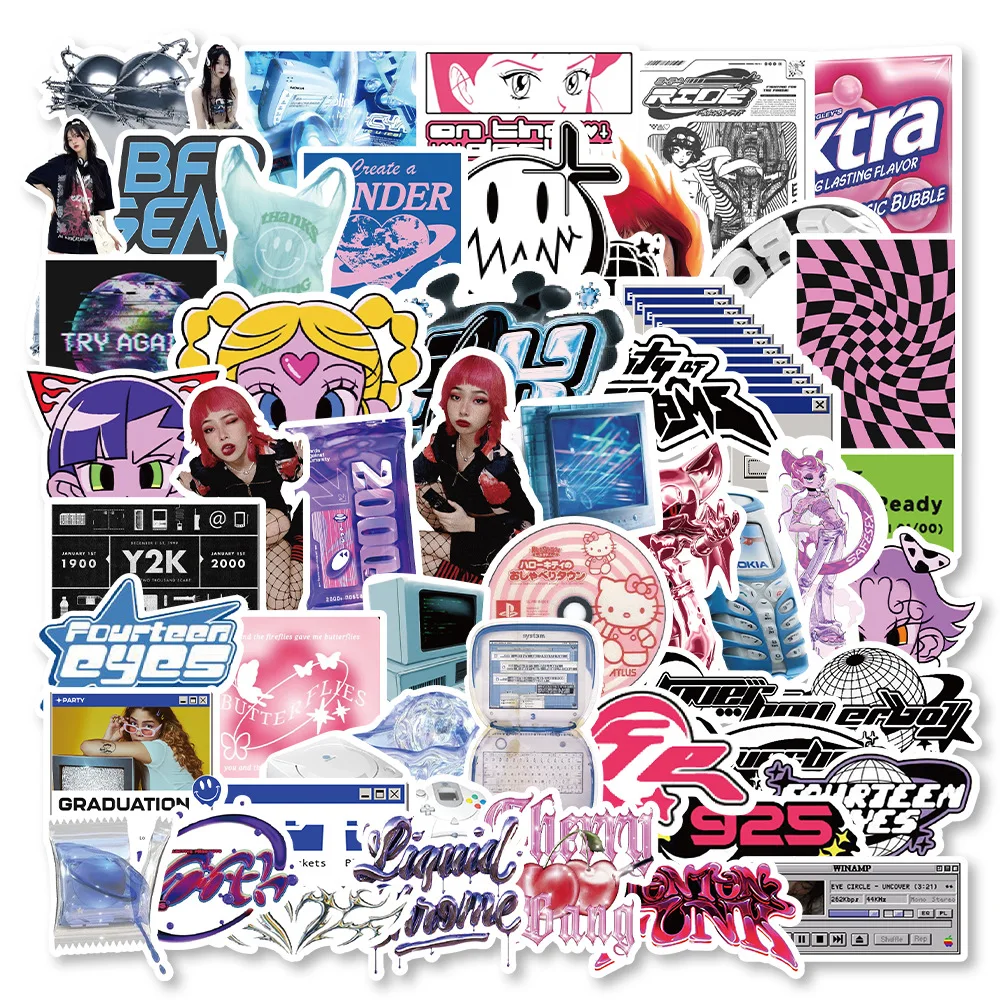 53PCS Cool Harajuku Acid Graphic Y2K Stickers Aesthetic Graffiti DIY Skateboard Phone Notebook Bike Cartoon Decals Kid Toys Gift