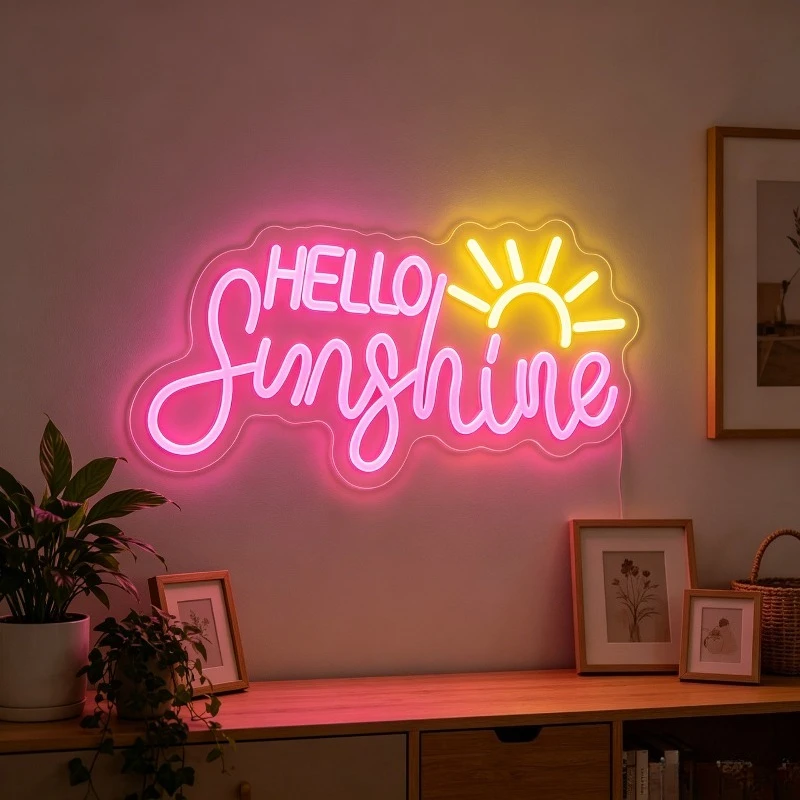 Hello Sunshine LED Neon Sign USB Dimmable Neon Light for Living Room Wall Light Bright Sun Decor Home Office Entryway Warm Gift