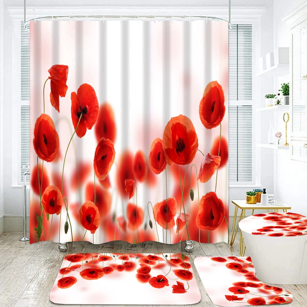 Flowers Butterfly Print Shower Curtains 4 Piece Carpet Toilet Cover Bath Mat Pad Set Bathroom Curtain with 12 Hooks Home Decor