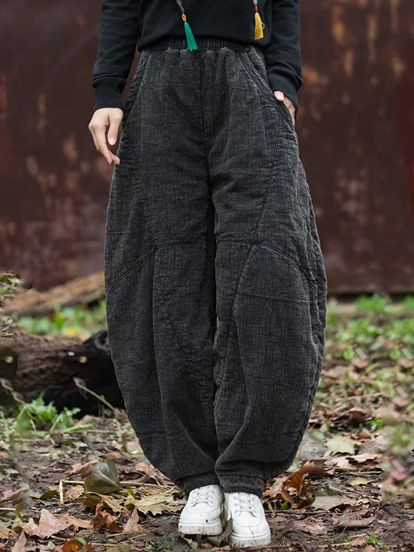 

Ретро-брюки из хлопка и льна для женщин, однотонные, теплые, для зимы, для занятий дзен-медитацией, утепленные, фасон «фонарик», с высокой талией, длинные