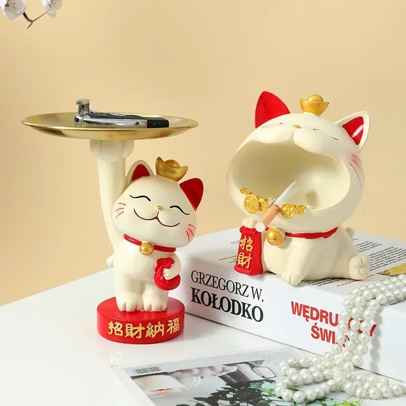 Creative resin material lucky cat tray storage ashtray mobile phone bracket home living room office housewarming gift decoration